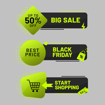 Black Friday sale banner set with neon green discount labels, shopping icons and promotional elements. Modern vector templates for retail, ecommerce, marketing and seasonal discounts.