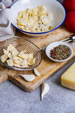 Homemade ravioli pasta with herbs, garlic and cheese