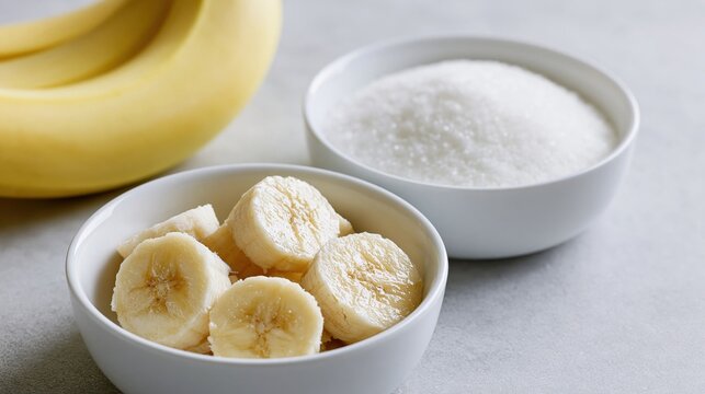 Fresh banana slices beside a bowl of refined sugar illustrating natural fruit sugars, nutrition, healthy eating, sweeteners, and dietary comparison.