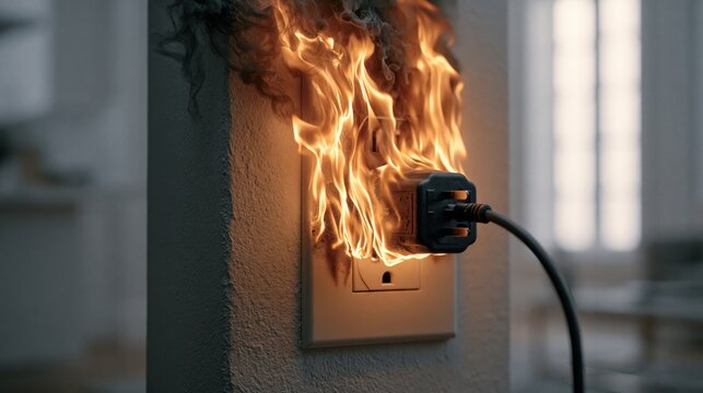 Electrical outlet with a burning power plug illustrating fire hazard, overloaded wiring, short circuit, electrical safety, and home fire prevention.