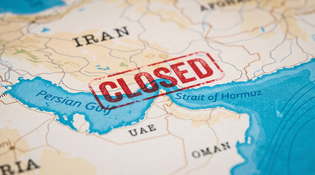 Conceptual map of the persian gulf and strait of hormuz stamped closed strait of hormuz