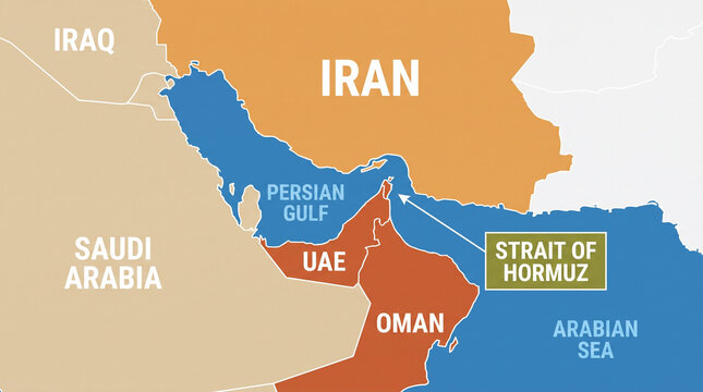 Geographic map highlighting the strait of hormuz bottleneck with geography