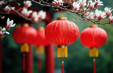 Red chinese lanterns hang on tree branches with white flowers. Traditional Asian decorations adorn temple outdoors. Festive atmosphere for celebration and culture.