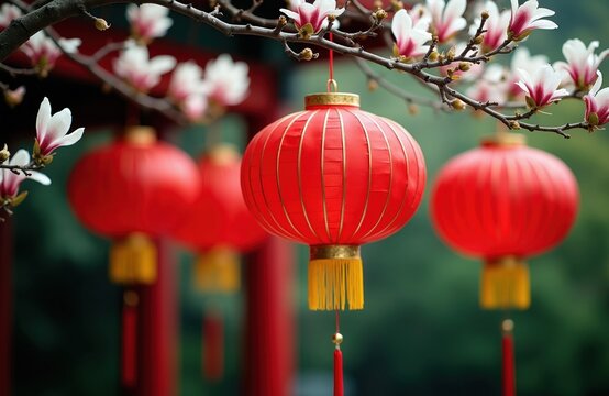 Red chinese lanterns hang on tree branches with white flowers. Traditional Asian decorations adorn temple outdoors. Festive atmosphere for celebration and culture.