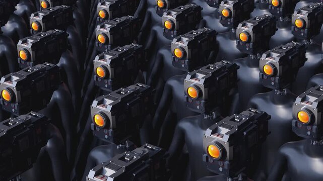 Endless 3d animation loop of humanoid cyborgs. Concept of total control, mass monitoring, privacy loss and futuristic corporate dictatorship.