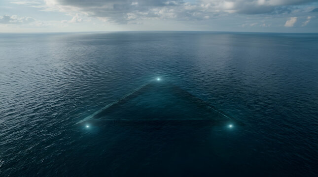 Massive triangular UFO submerged beneath ocean surface with lights