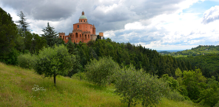 BOLOGNA ITALY: Sanctuary of the Madonna of San Luca is a basilica church in Bologna, northern Italy, sited atop a forested hill, Colle or Monte della Guardia