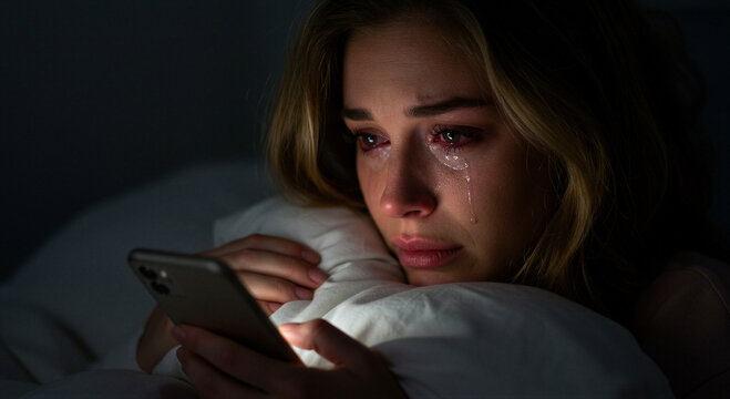 Woman crying while looking at smartphone in dark room at night lying on pillow. Cyberbullying and digital harassment concept. Social isolation and online communication mental health
