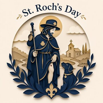 Saint roch holding dog with staff illustration