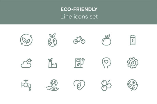 Set of sixteen eco-friendly flat line icons for sustainability and green living