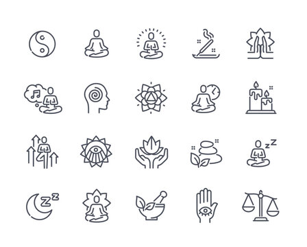 Set of 20 minimalist meditation and yoga icons with symbolic elements