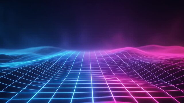 Timelapse AI mesh grid undulating digital terrain neon blue purple pink