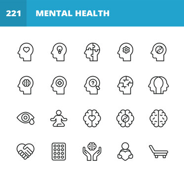 Mental health awareness icons set with various brain and therapy symbols