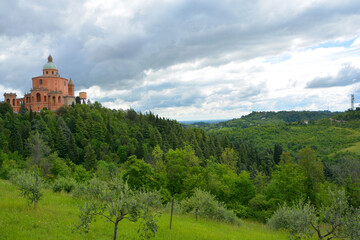 Fototapeta premium BOLOGNA ITALY: Sanctuary of the Madonna of San Luca is a basilica church in Bologna, northern Italy, sited atop a forested hill, Colle or Monte della Guardia