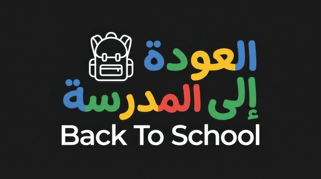 Back to school greeting card with arabic calligraphy and english text and a backpack icon on a black background