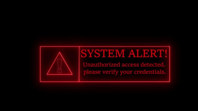 glowing neon Exclamation mark warning cyber security alert style neon frame system alert icon on black background. unauthorized access detected. please verify your credentials sign