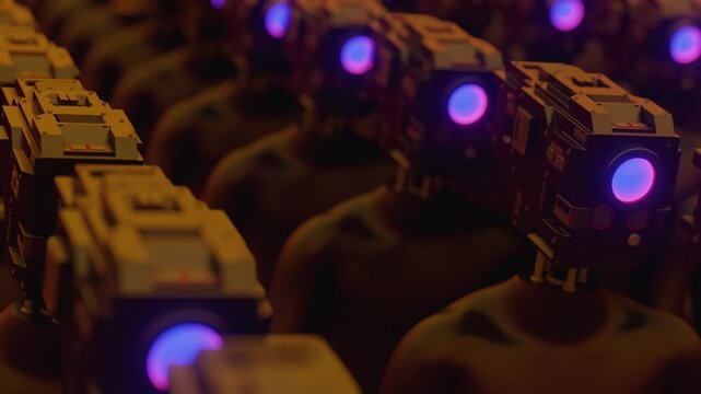 Endless 3d animation loop of humanoid cyborgs. Concept of total control, mass monitoring, privacy loss and futuristic corporate dictatorship.