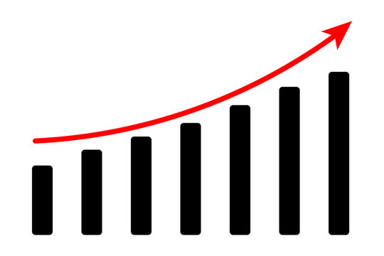 Black bar chart with a rising red arrow showing financial growth and business success