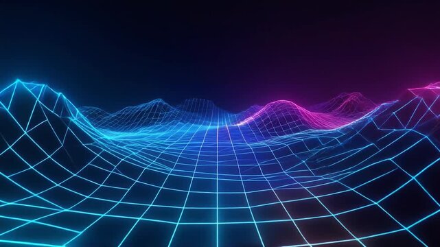 AI mesh grid undulating neon blue purple pink digital terrain timelapse