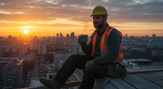 Construction worker sitting on roof rack holding hot cup of coffee at sunrise. Male builder wearing reflective vest and hard hat overlooking city skyline. Professional break time concept