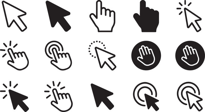 Collection of black and white computer mouse cursor and hand pointer arrow vector icons displayed on transparent background