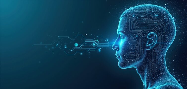 Human head profile with circuits inside. Digital connections flow from face, implying AI consciousness and future tech. Blue neon glow on dark background.