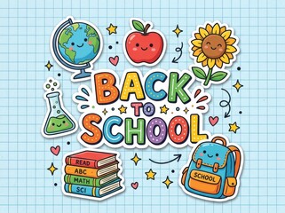 Naklejka premium Cute back to school stickers set with school supplies and globe