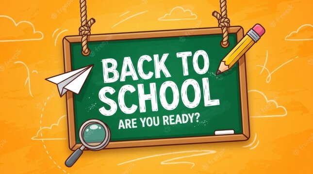 Back to school chalkboard sign with pencil and magnifying glass