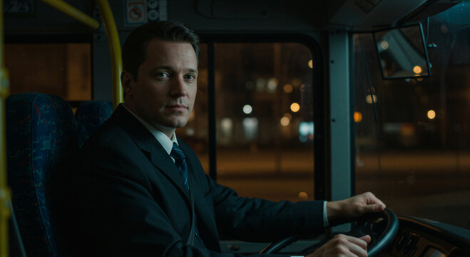 Man bus driver wearing suit sitting at steering wheel of public transport vehicle. Professional driver operating coach during night shift. Urban transportation and city logistics service