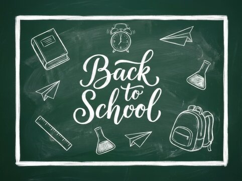 Back to school chalkboard background with handdrawn school icons and lettering