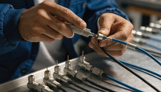 Closeup on technician carefully crimping SMA connectors to coax cables focusing on fine motor skills and detailed connection process in a wellorganized workspace.