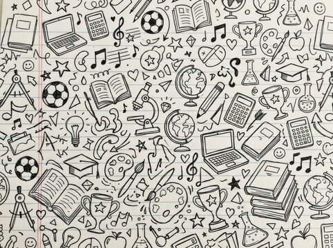Handdrawn school and education themed doodles pattern on lined paper background
