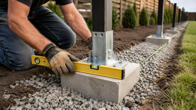 Builder leveling metal post on concrete base with spirit level. Fence installation project in backyard. Construction worker aligning fence structure for professional perimeter maintenance.