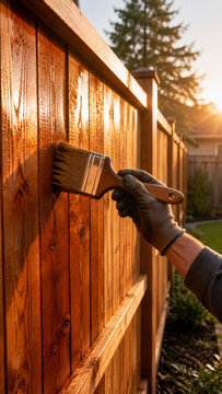 Man painting wooden fence with brush in backyard. Worker staining timber partition for exterior protection. Home improvement project, maintenance andDIY construction concept at sunset.