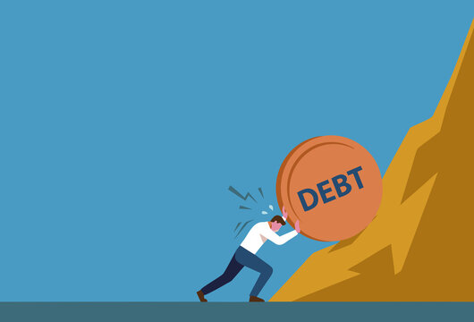 Pushing giant coin uphill concept, debt burden economy