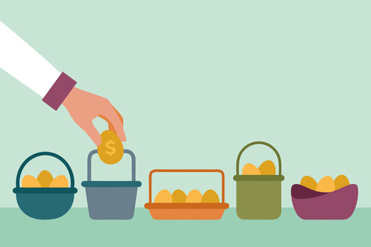 Golden eggs in many baskets concept, diversification economy
