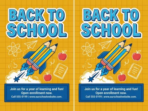 Back to school enrollment flyer with rocket pencils