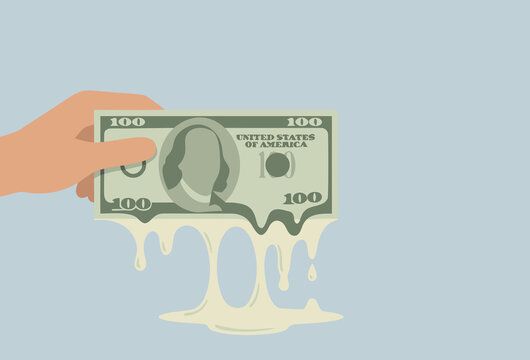 Melting money banknote concept, inflation economy, copy space