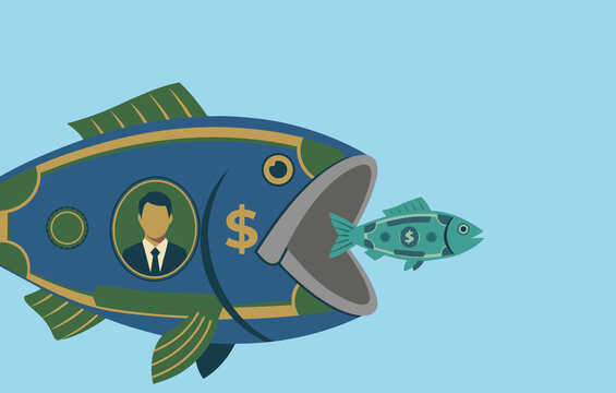 Big fish eating small fish money concept, mergers economy