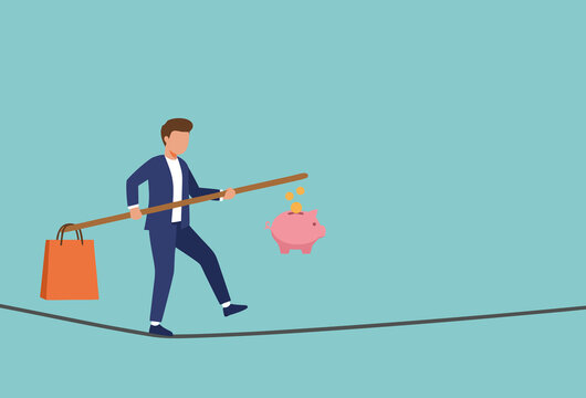 Tightrope balancing spending and saving concept, economy