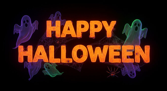 Happy Halloween text with neon glowing effect and floating ghost figures. Scary holiday design with cobweb and spider silhouette on black background for seasonal event greeting card
