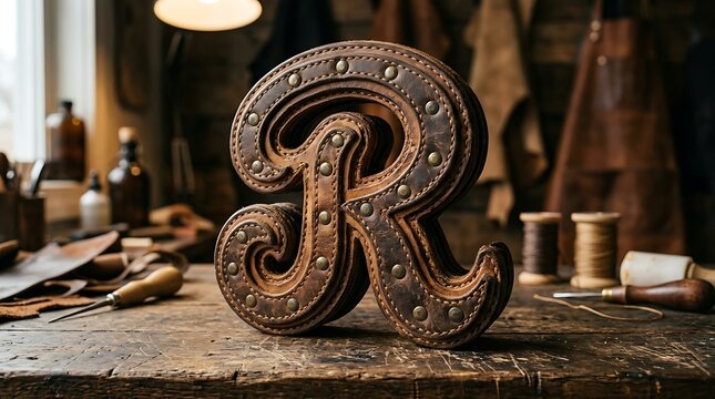 Handcrafted Leather Letter R with Studs and Stitching in Rustic Workshop