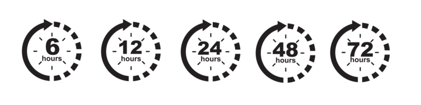 Time duration icons showing six twelve twenty four forty eight and seventy two hours on white background