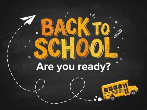 Back to school background with yellow bus, paper plane, and pencil on chalkboard