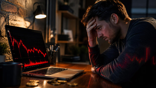 Stressed man looking at falling cryptocurrency graph on laptop screen. Investor worried about digital asset market crash. Finance loss and economic failure in online trading concept.