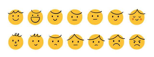 Naklejka premium Set of fourteen hand-drawn yellow circular emoticons with diverse facial expressions, simple black line faces with various hairstyles on a white background