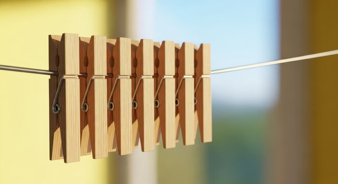 A row of wooden clothespins clipped onto a thin wire line against a soft blurred background in a bright domestic laundry room setting, row, wash, beige