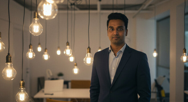Asian businessman in suit standing in modern office with hanging light bulbs. Professional manager in contemporary workplace. Corporate portrait for business leadership and innovation concept