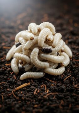 Dozens of creamy white insect larvae wriggle together in a pile of damp dark earth, highlighting microscopic details of their soft bodies, development, compost, background