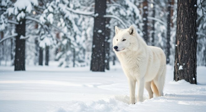 Majestic white wolf standing in deep snow in a cold wild forest, pristine winter nature scene, cold landscape, snow, wild, ecology